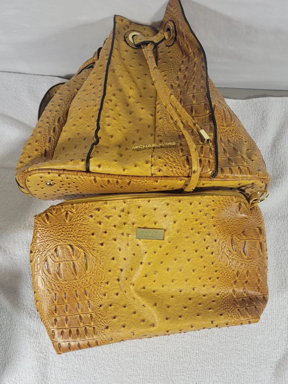 Michael Kors Tan Croc & Ostrich-Texture Drawstring Shoulder Bag